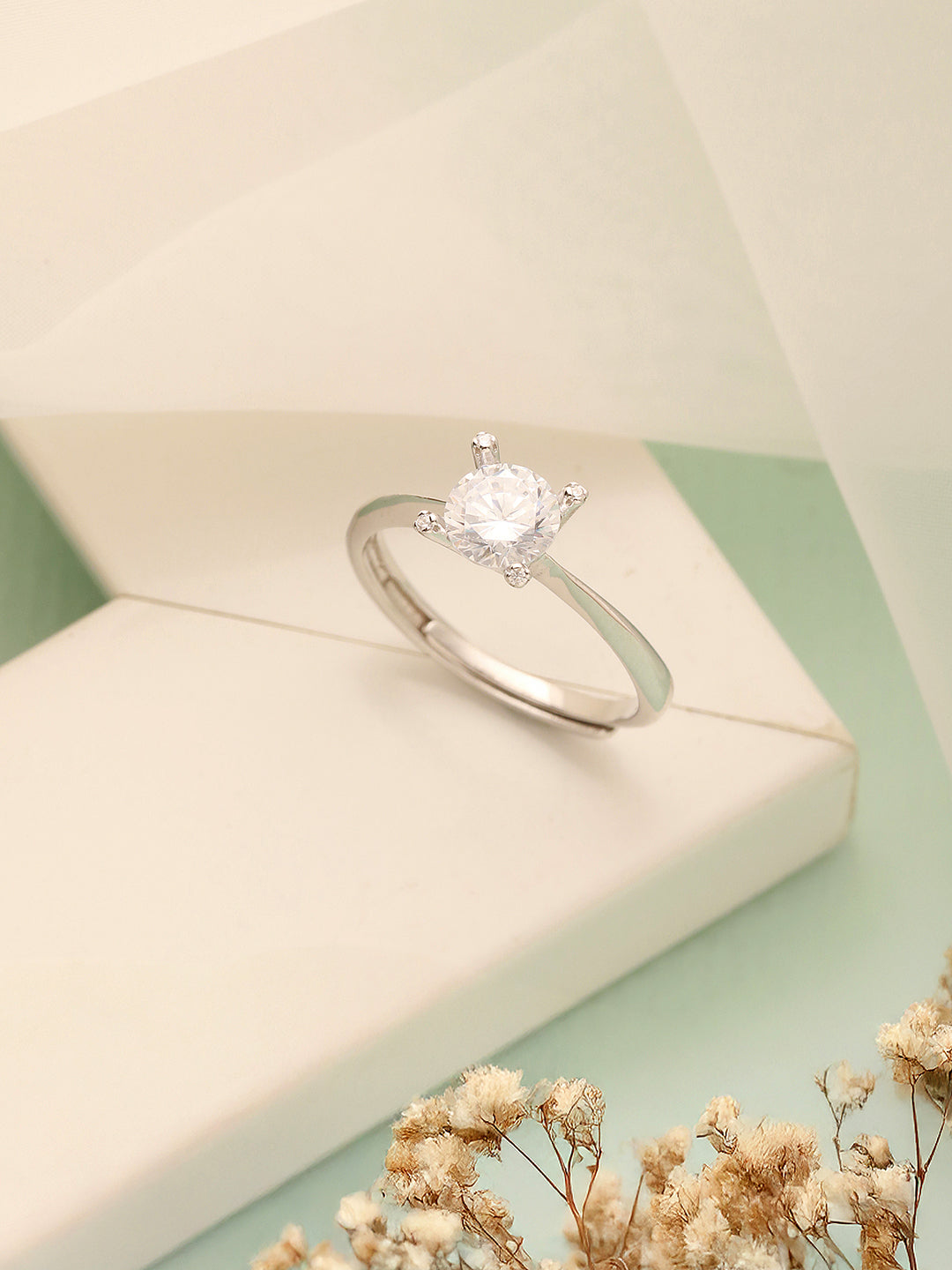 925 Sterling Silver Zircon Studded Solitaire Minimal Engagement Adjustable Finger Ring